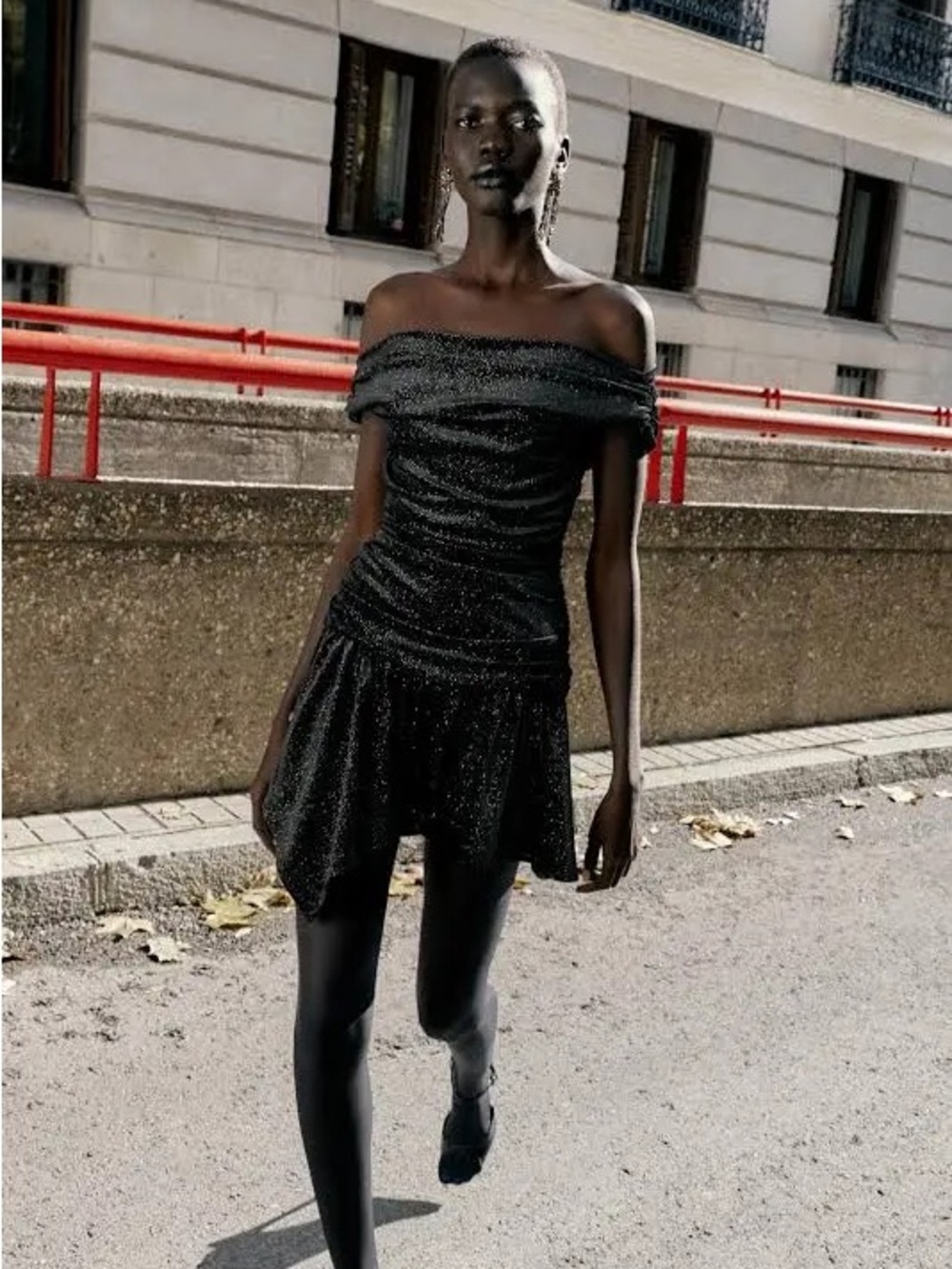 Zara Black Off-Shoulder Glitter Mini Dress
